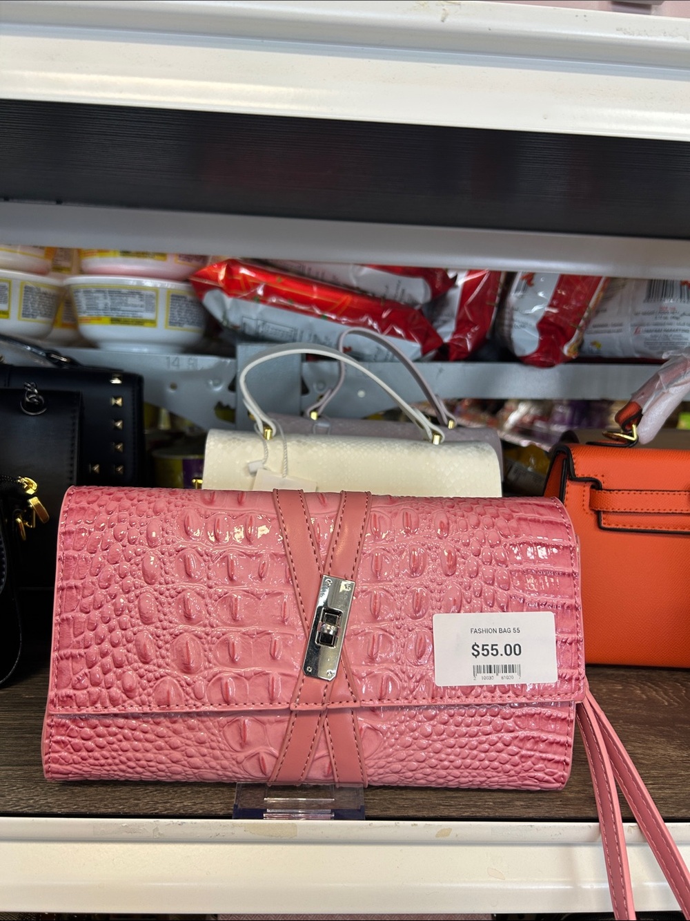 Pink Croc-Embossed Clutch Handbag